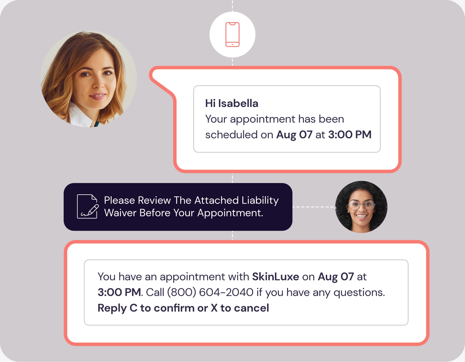 Skin clinic appointment reminders via SMS showing scheduled visit, liability waiver request, and confirm or cancel options.
