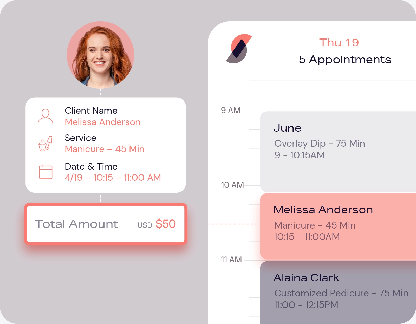 DaySmart Salon user interface for managing an appointment schedule on a digital tablet.