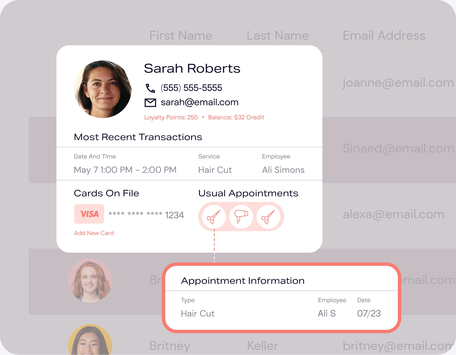 DaySmart Salon client profile for independent providers showing contact info, loyalty balance, saved cards & appts.