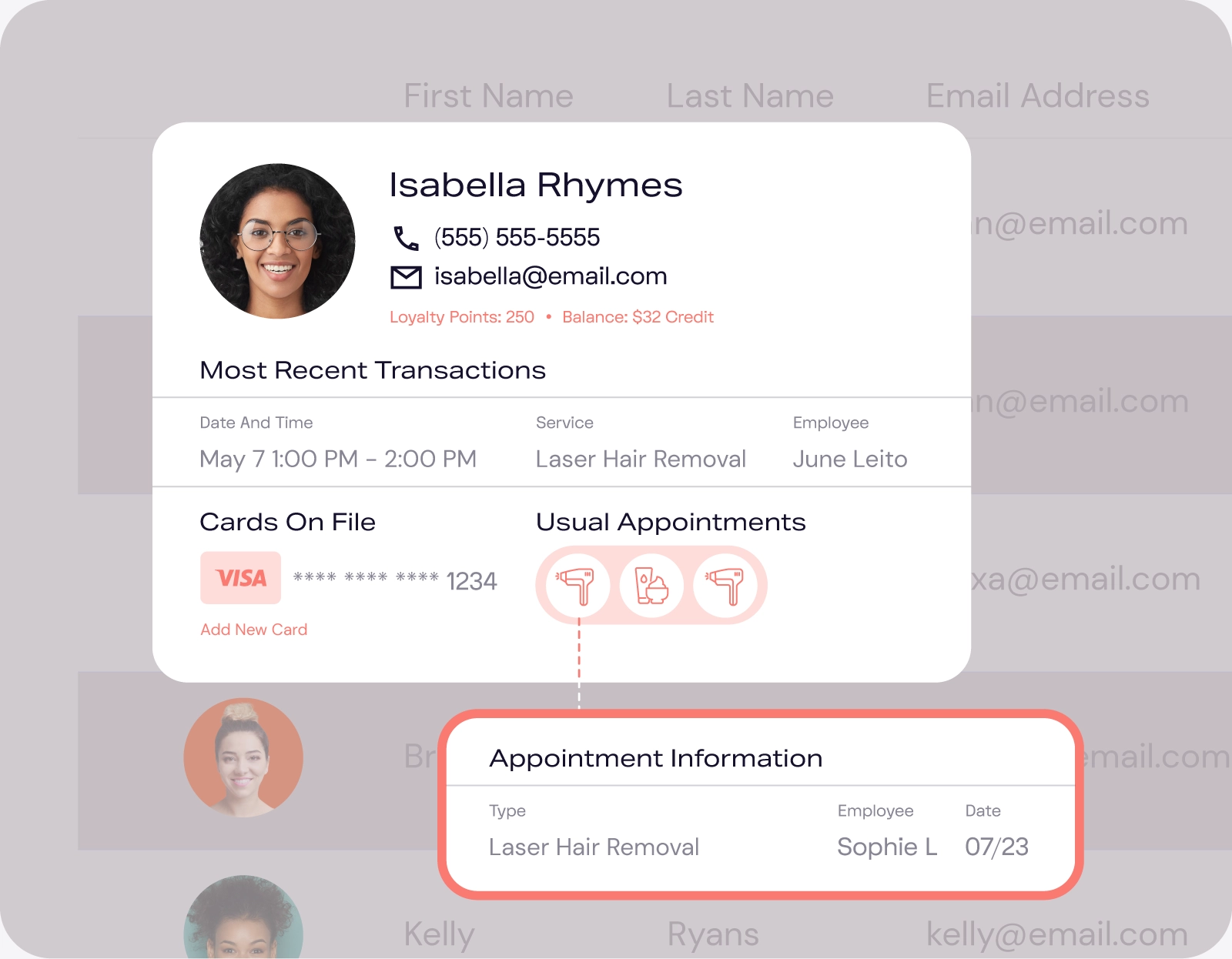 DaySmart Salon client profile showing contact details, loyalty points, saved cards, recent transactions & appointments.