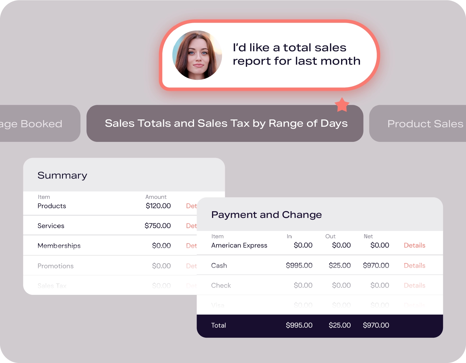 Skin clinic sales dashboard displaying monthly reports with totals, payments, taxes, and service and product breakdowns