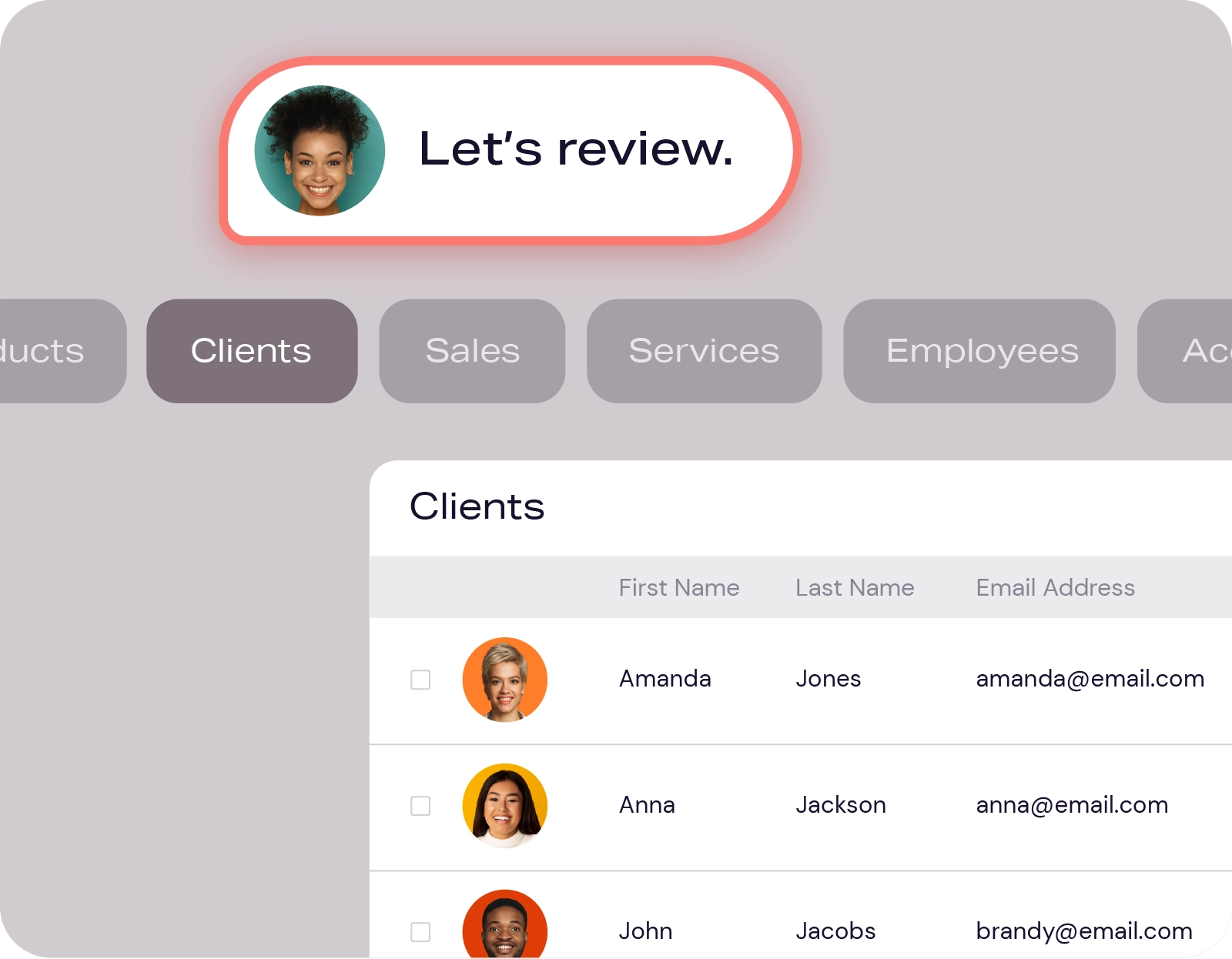 Clients tab and review section of a salon software dashboard with client names, photos, and email addresses.
