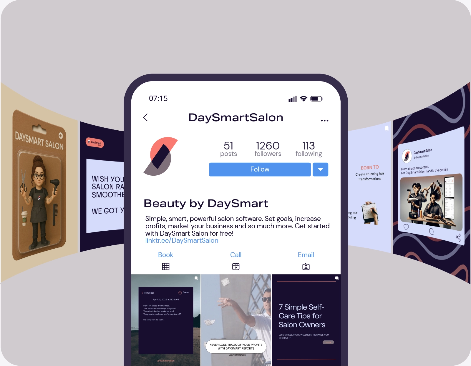Instagram profile of DaySmart Salon highlighting posts, followers, and salon marketing content.