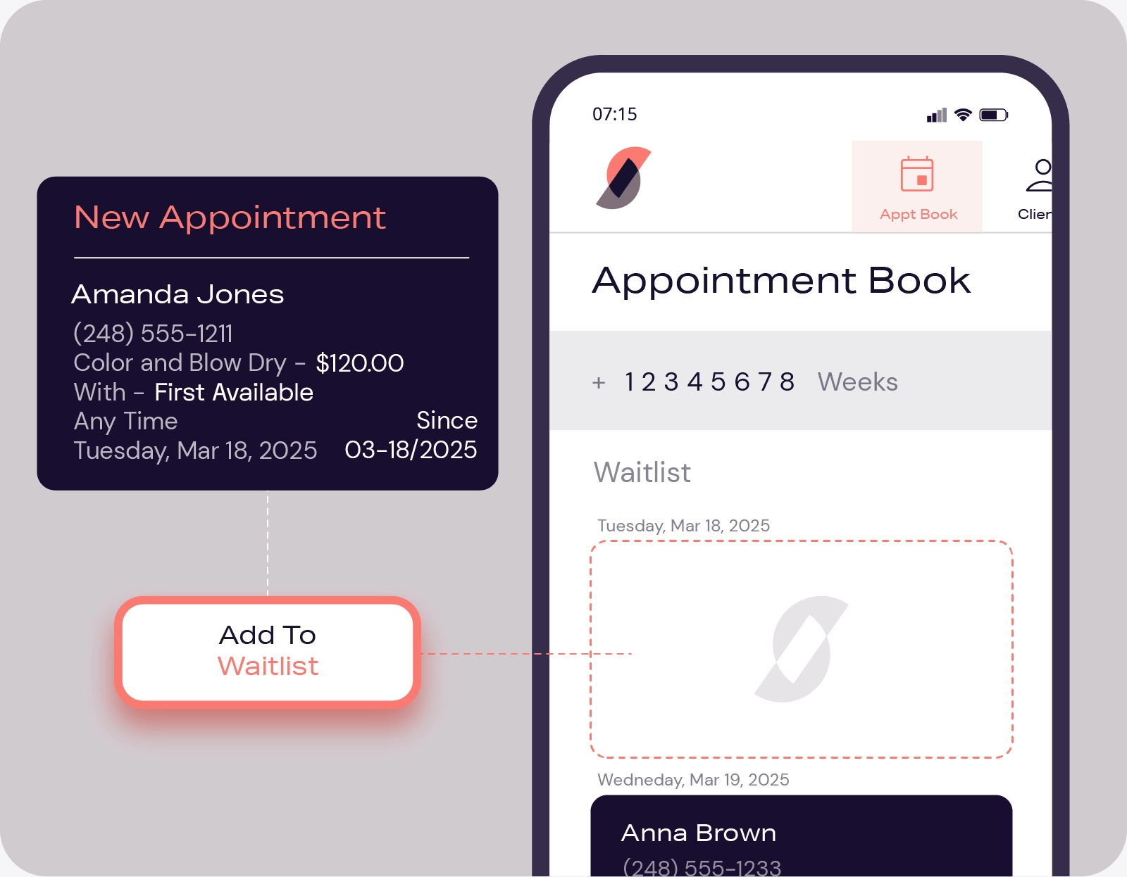Mobile salon appointment book showing new client booking details with option to add to waitlist.